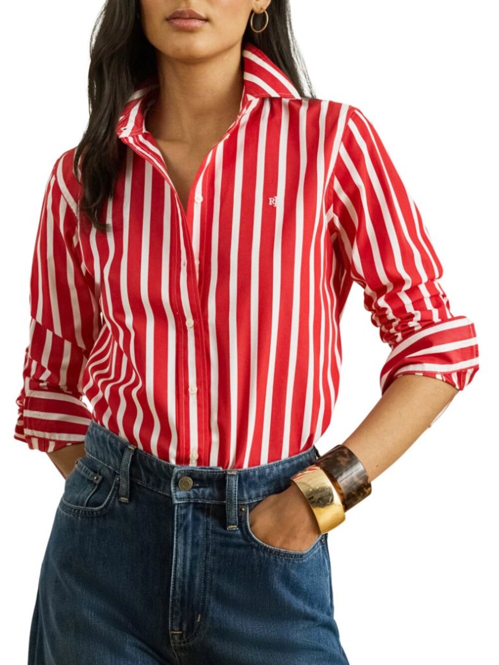 New LRL 100% Cotton Broadcloth Striped Shirt Red White XS